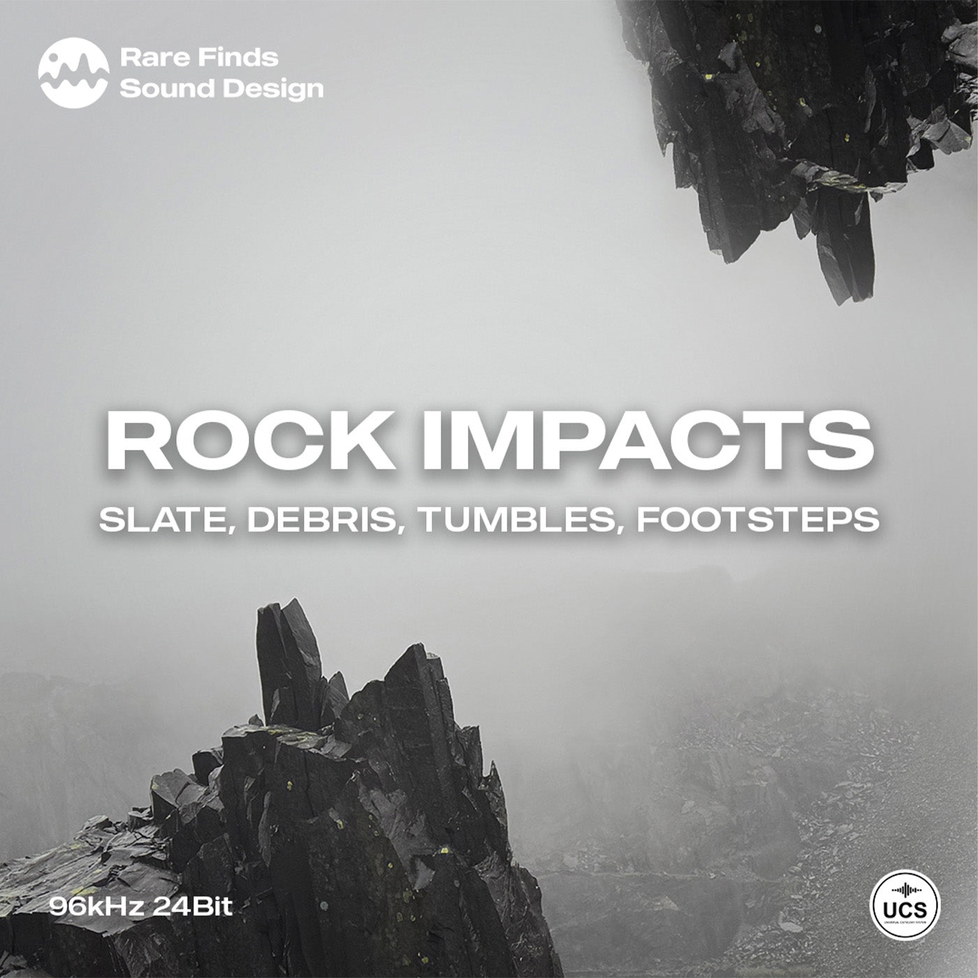 Album cover for 'Rock Impacts' sound design collection with rocky landscape and text.