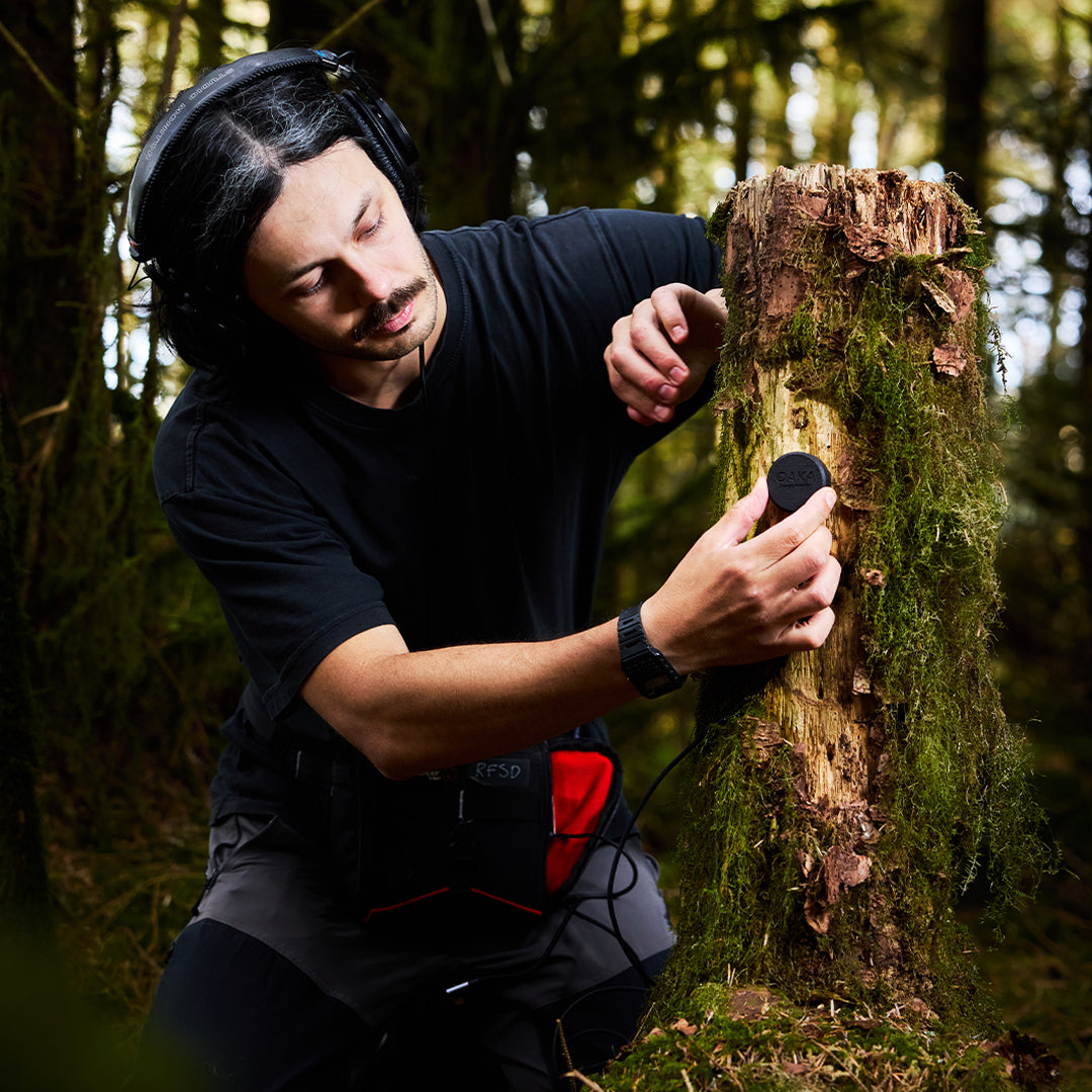 Ollie from Rare Finds recording in a forest using a microphone on a tree stump